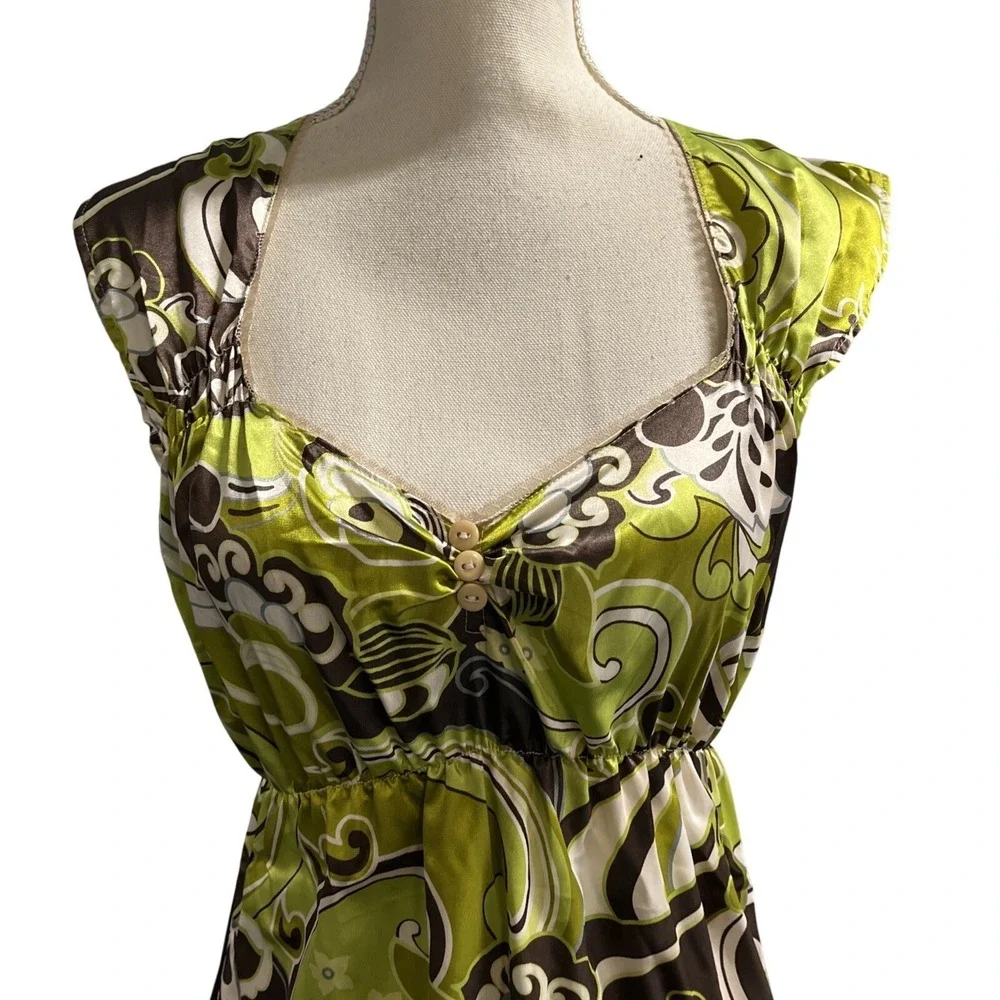 Vintage Y2K Johann Dress Green Brown Satin Babydoll Deep‎ V Size S/M Retro 70s